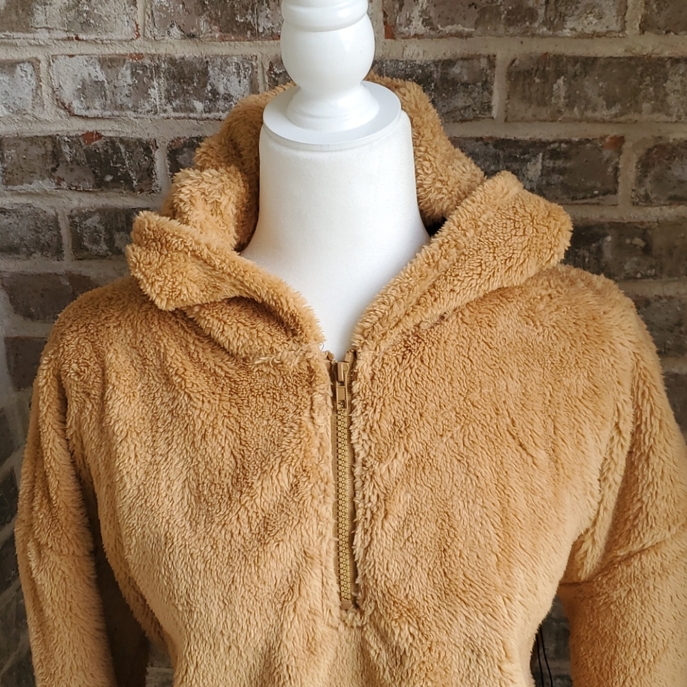 HYFVE Tan Fuzzy Warm Soft Hooded 3/4 Zip Jacket - Picture 2 of 3